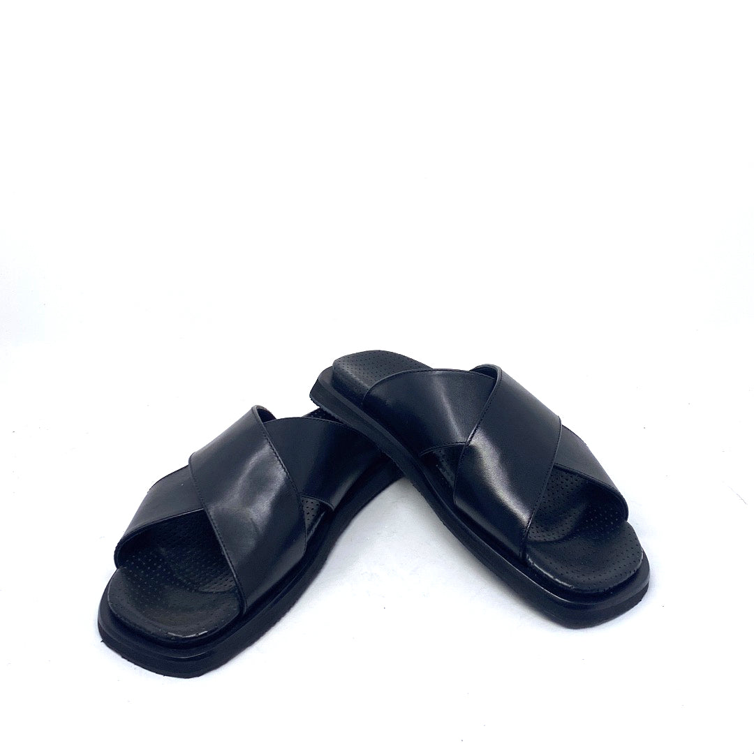 Vintage Cole Haan's Aurelio Black Leather Men's Cross Strap Slide Sandals